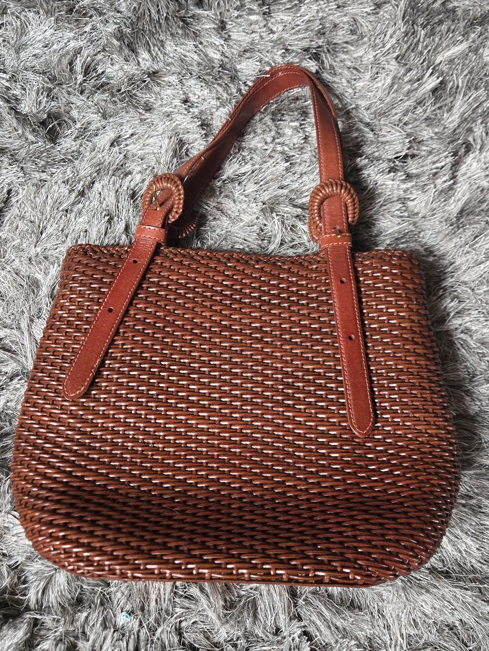 Woven Leather-Trim Tote in Brown